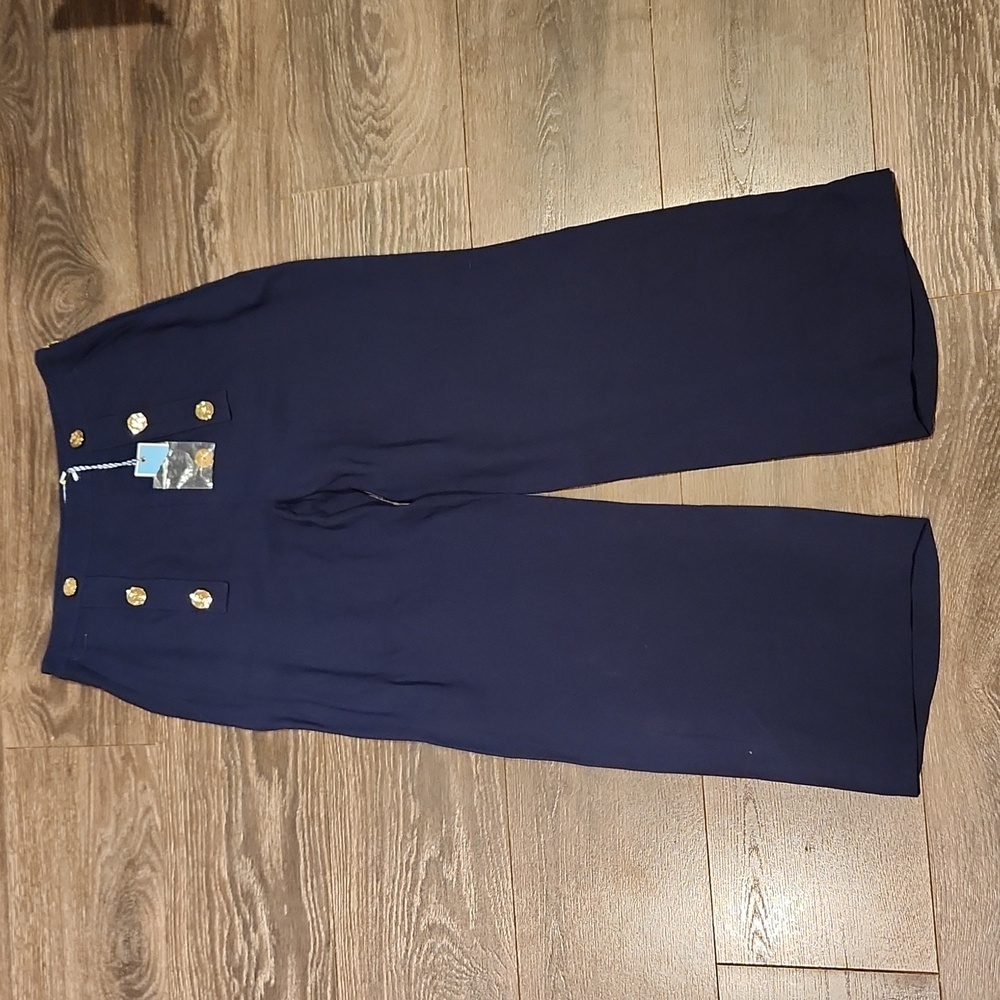 Draper James Navy Wide-Leg Sailor-Style Pants with Gold Buttons - Picture 3 of 14